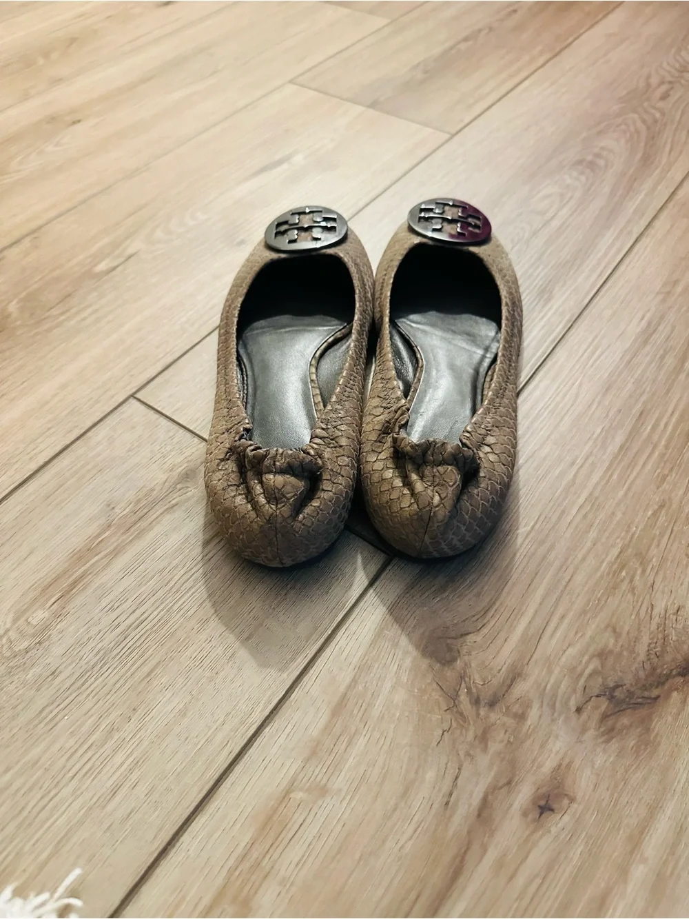 Tory Burch Taupe Snake-Embossed Logo Ballet Flats